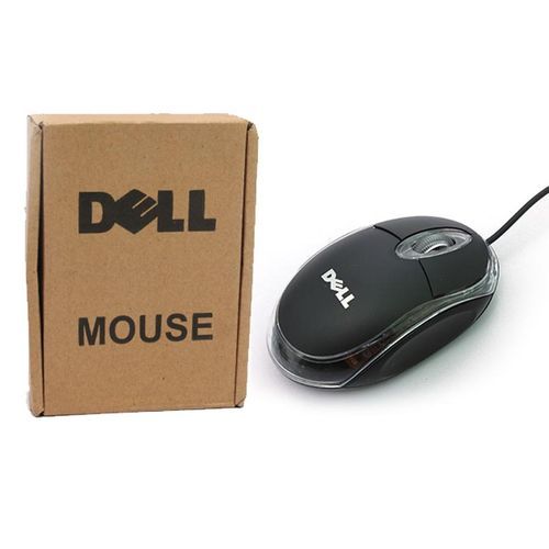HP and Dell Brown Box Mouse with OEM packaging, black color, wired optical mouse with USB connectivity.